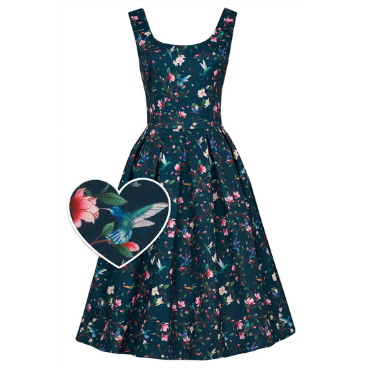 Amanda Swing Dress in Navy Blue Hummingbird Print