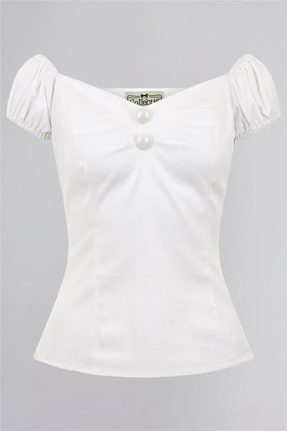 Dolores white top with short off the shoulder sleeves and two button detail at the front bust