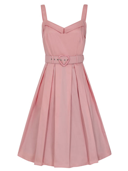 Retro plain pink 50s style fit and flare swing dress with a wide matching belt with a heart buckle