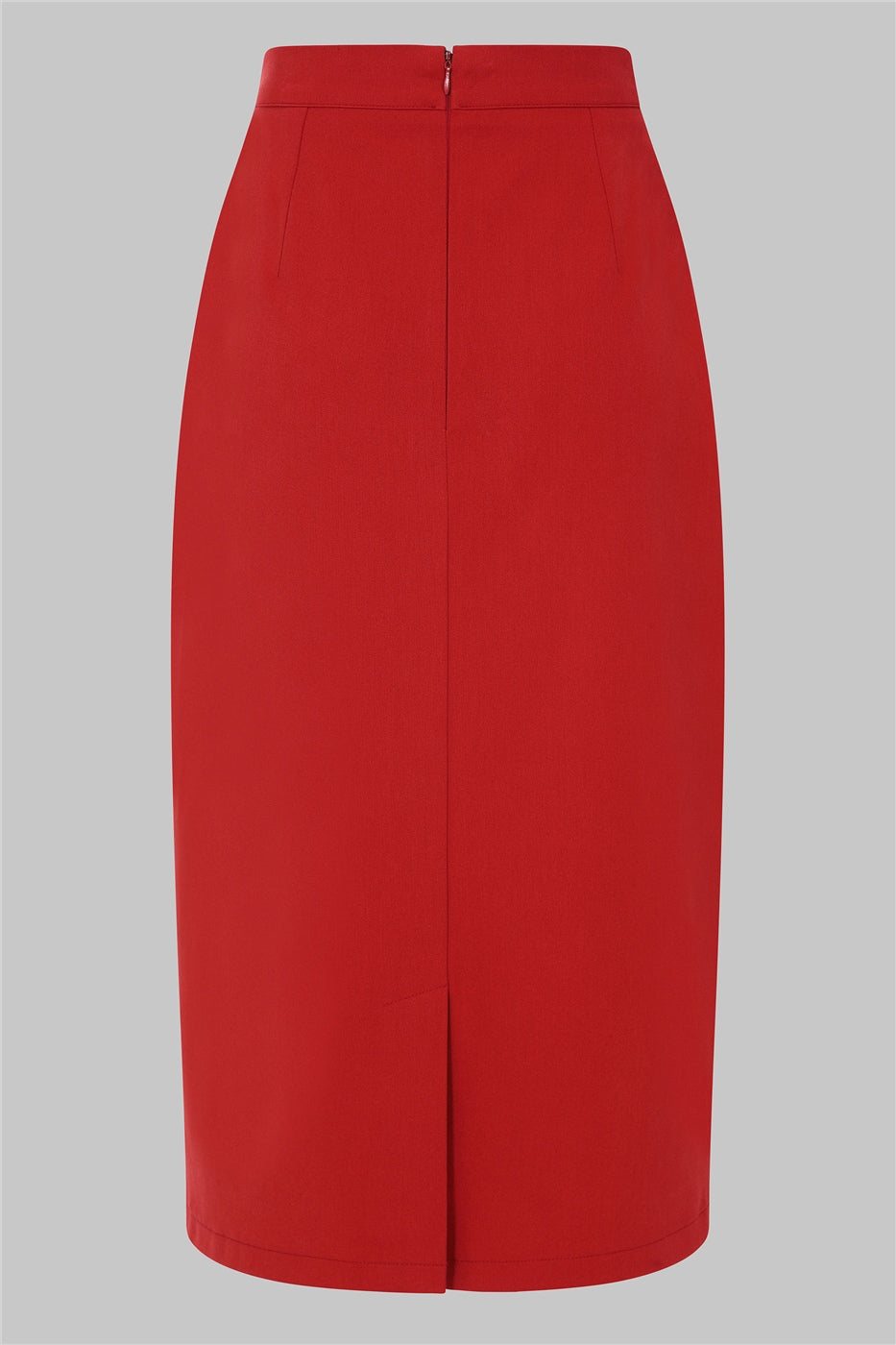 The back of the red Posey skirt by Collectif showing the zip closure centre back and slit in the middle at the bottom