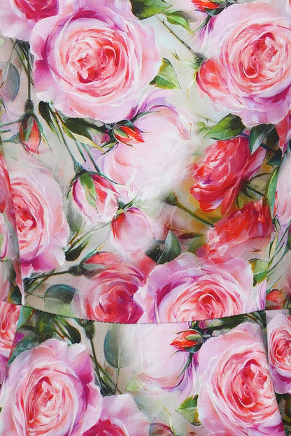 Closeup of the rose print on the Lola dress 
