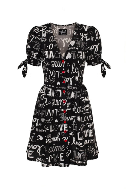 The front of the Love Yourself Mini Dress by Hell Bunny against a white background