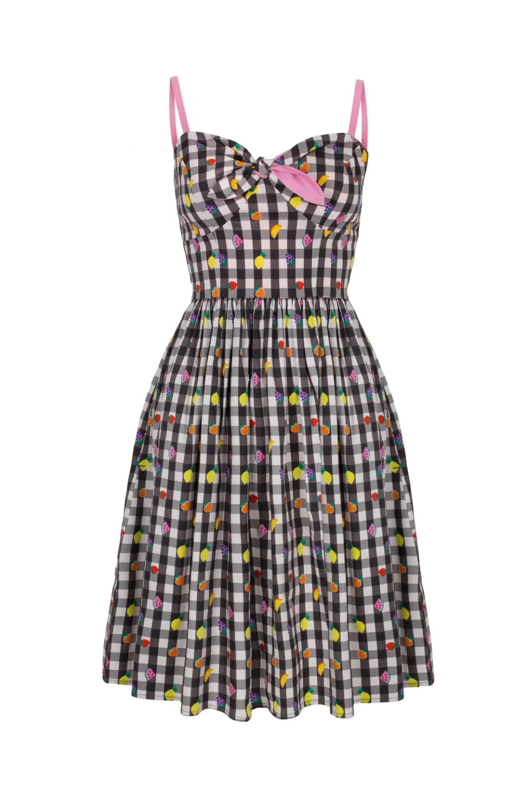 The Hell Bunny Fruitylou grey and white gingham print mid dress on a plain white background from the front.