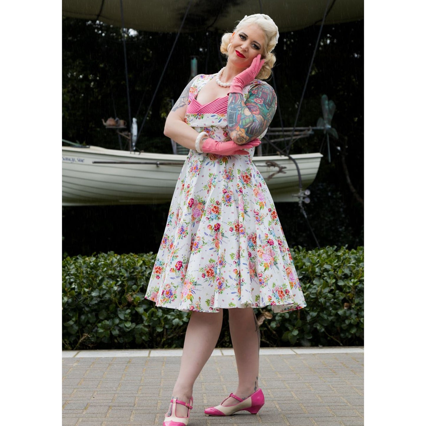 Grace Vintage Style Jive Dress In White English Garden by Dolly & Dotty