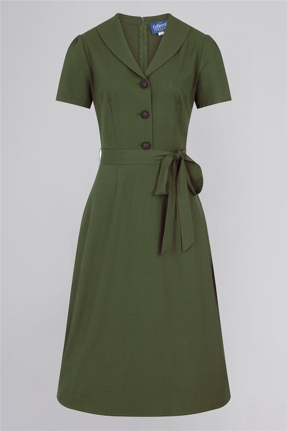 1940s Style Green Mid Length Dress with Short Sleeves and Waist Tie Belt