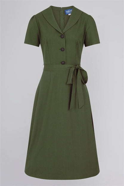 1940s Style Green Mid Length Dress with Short Sleeves and Waist Tie Belt