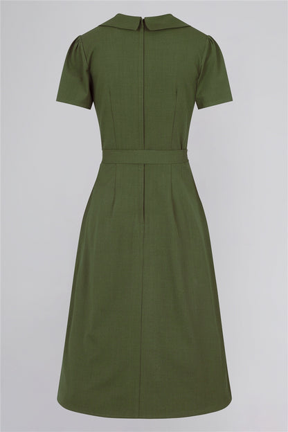 The Hattie green Flared Dress by Collectif seen from the Back