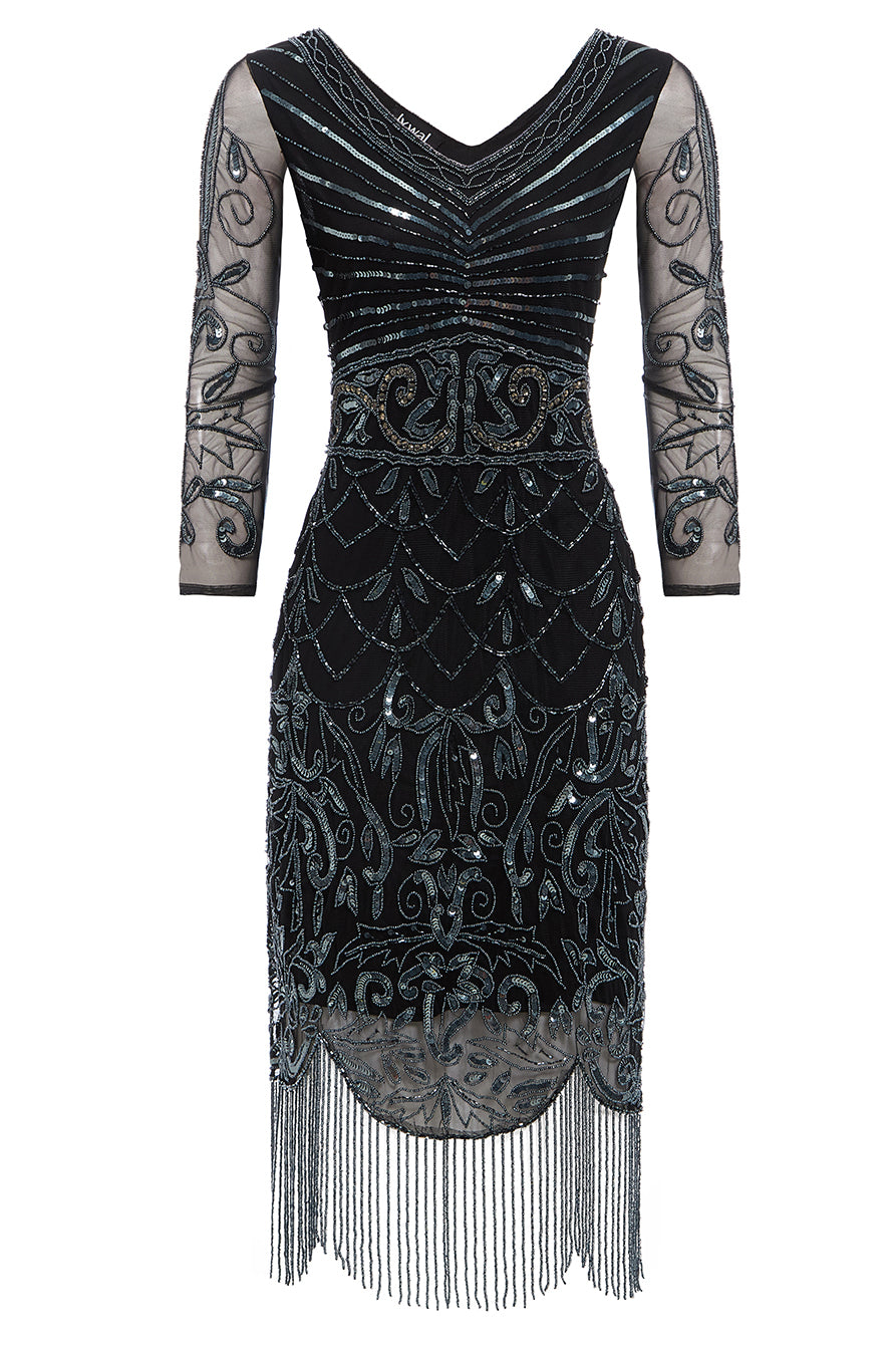 Tabitha Black/Blue Midi Embellished Flapper Dress by Jywal London