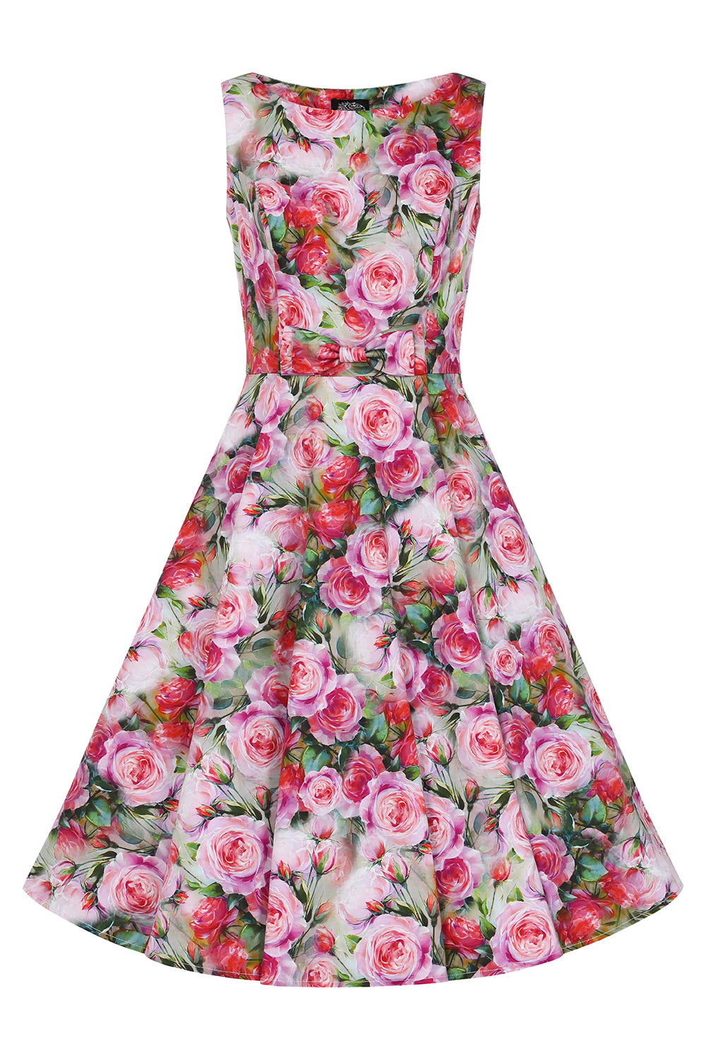 Boat neck 50s style swing dress with pink roses all over 
