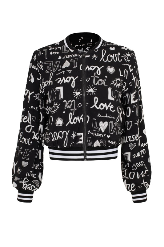 Love Yourself black jacket with white stripe hem and cuffs and white graffiti style "love yourself" writing all over