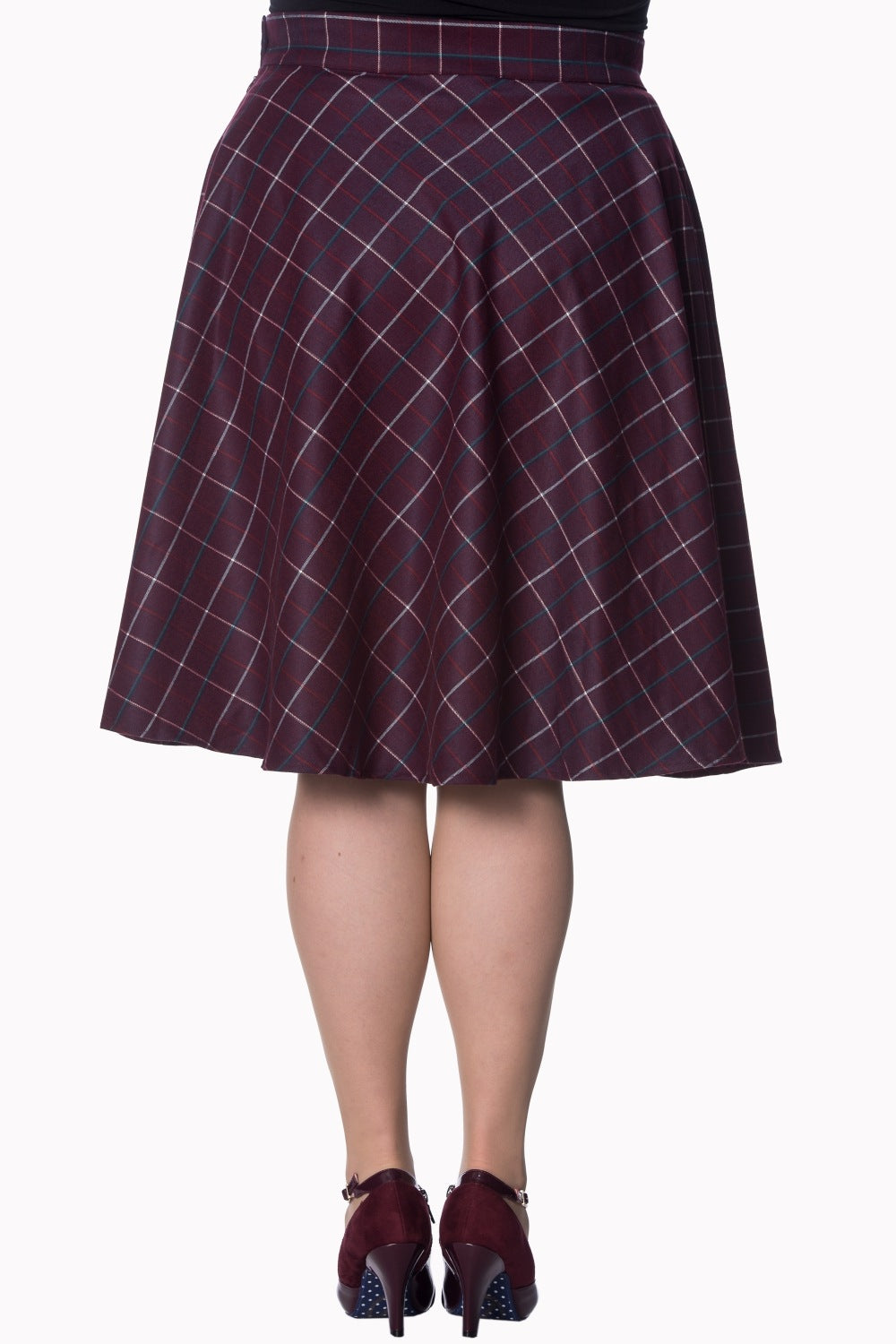 Back of the Maddy plum coloured swing skirt being worn by a model 