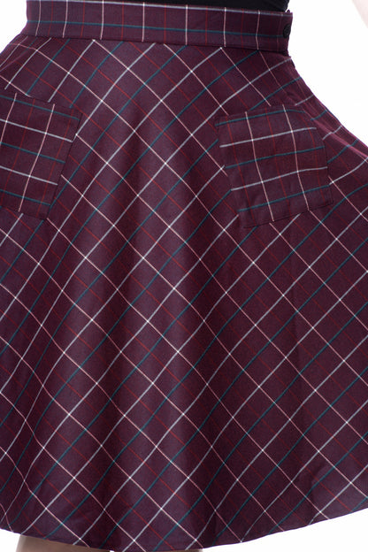 Close up of the checked Maddy plum swing skirt 