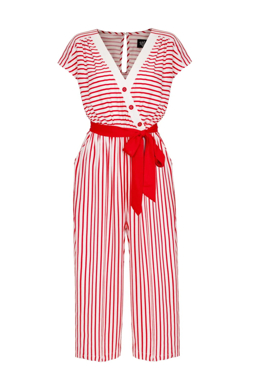 The Red and white striped Ahoy jumpsuit on a plain background
