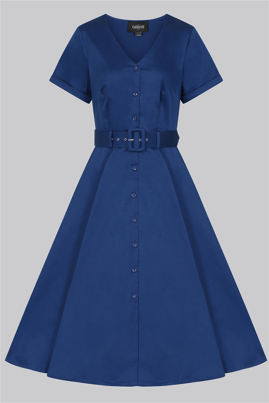 Plain Blue V Neck Swing Dress with Wide Matching Belt