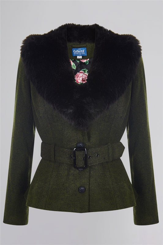 Green vintage jacket with black faux fur trim collar and matching removable belt