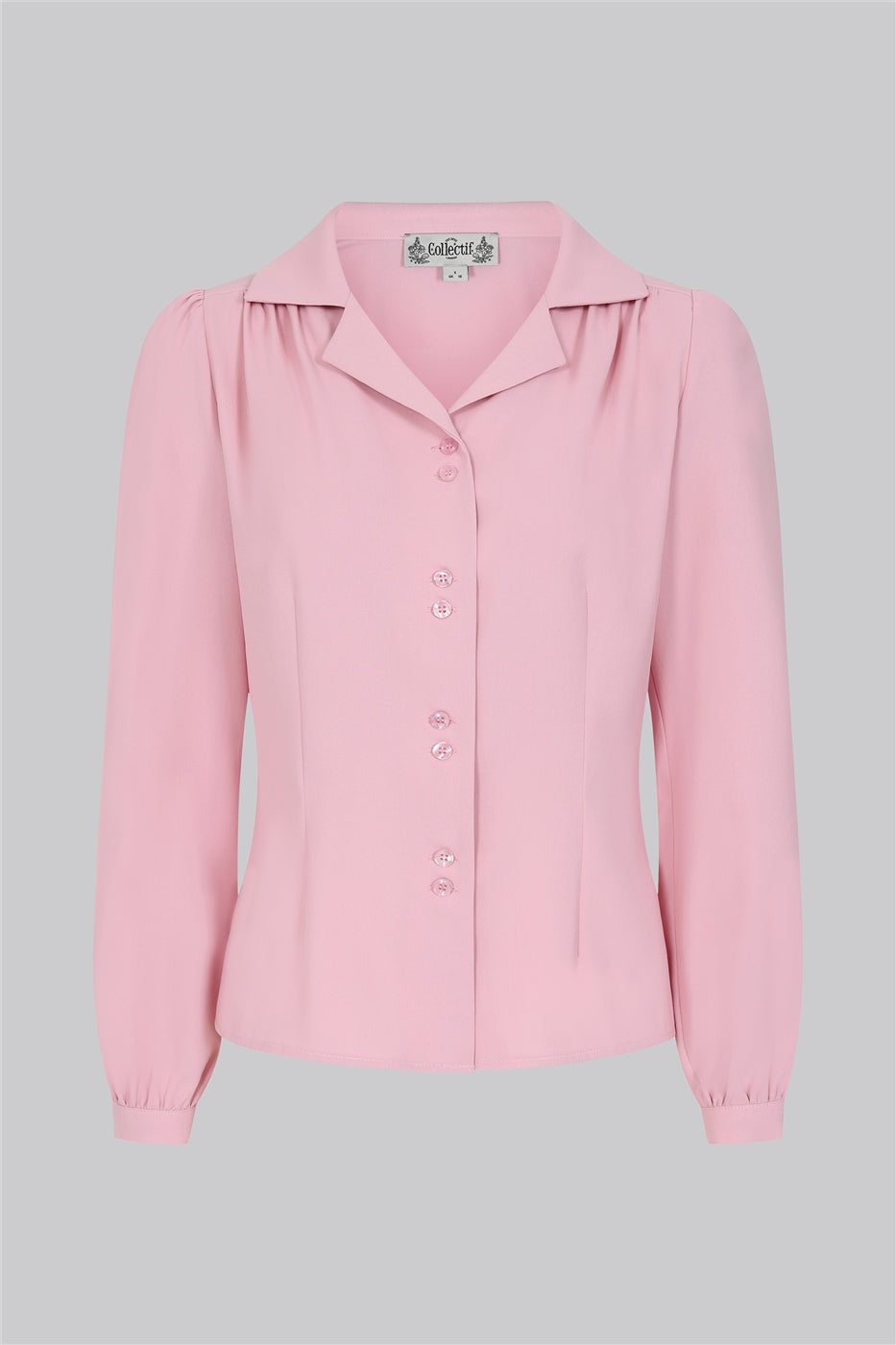Pink 1940s style blouse with a pretty collar, button front and semi fitted bodice