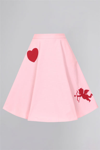 Pink 50s style swing skirt with red heard and red Cupid with a bow and arrow 