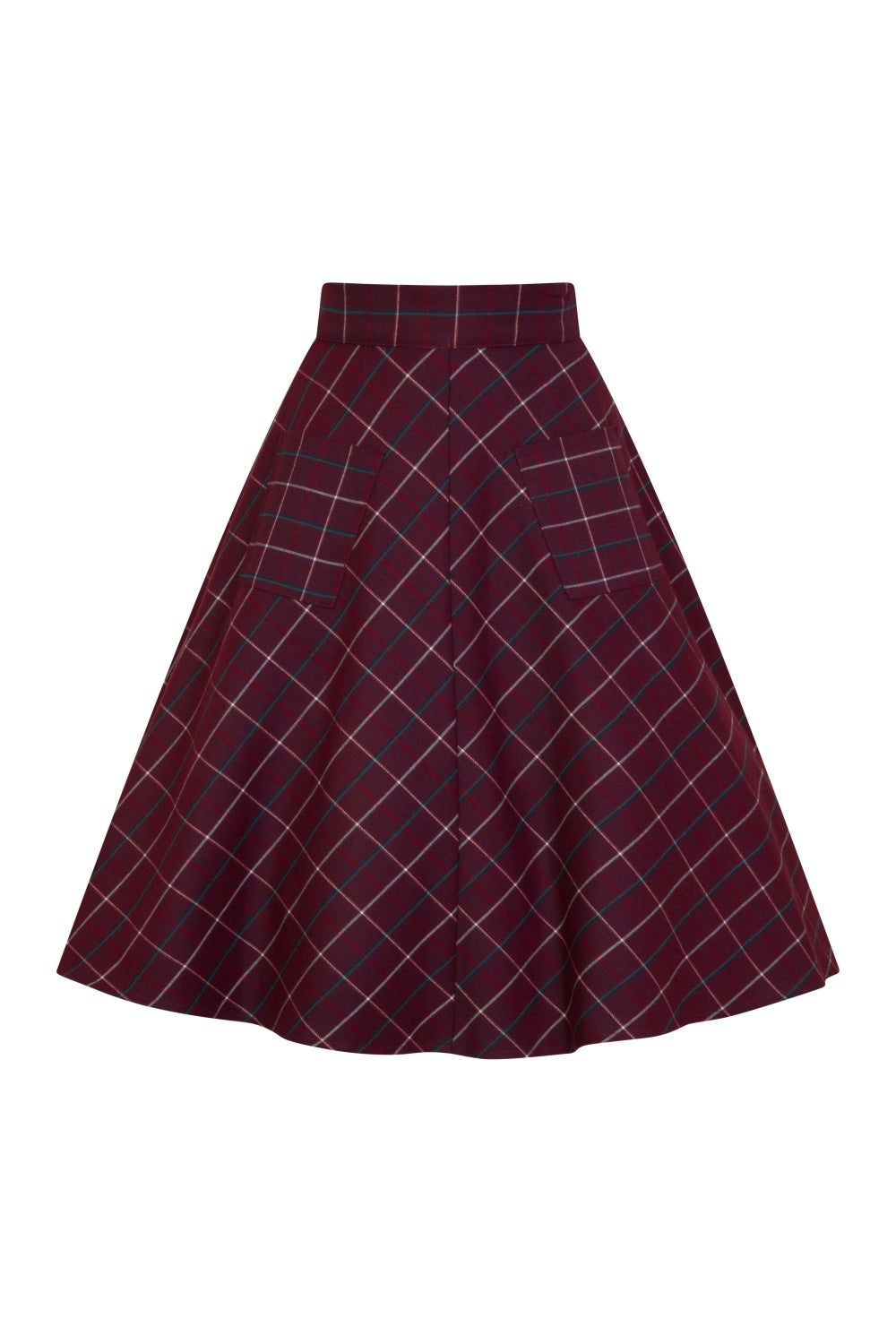 Plum coloured fit and flare skirt with blue, white and red check front and two large front pockets