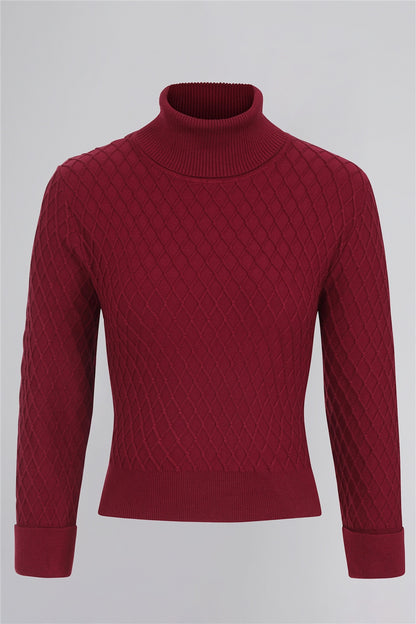 Burgundy lattice knit women's jumper with turtleneck and long sleeves