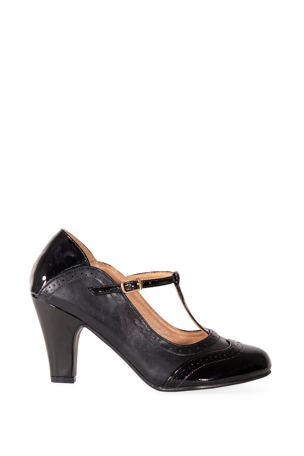 Side View of the Diva Blues 50s style patent black leather  T Bar Heels