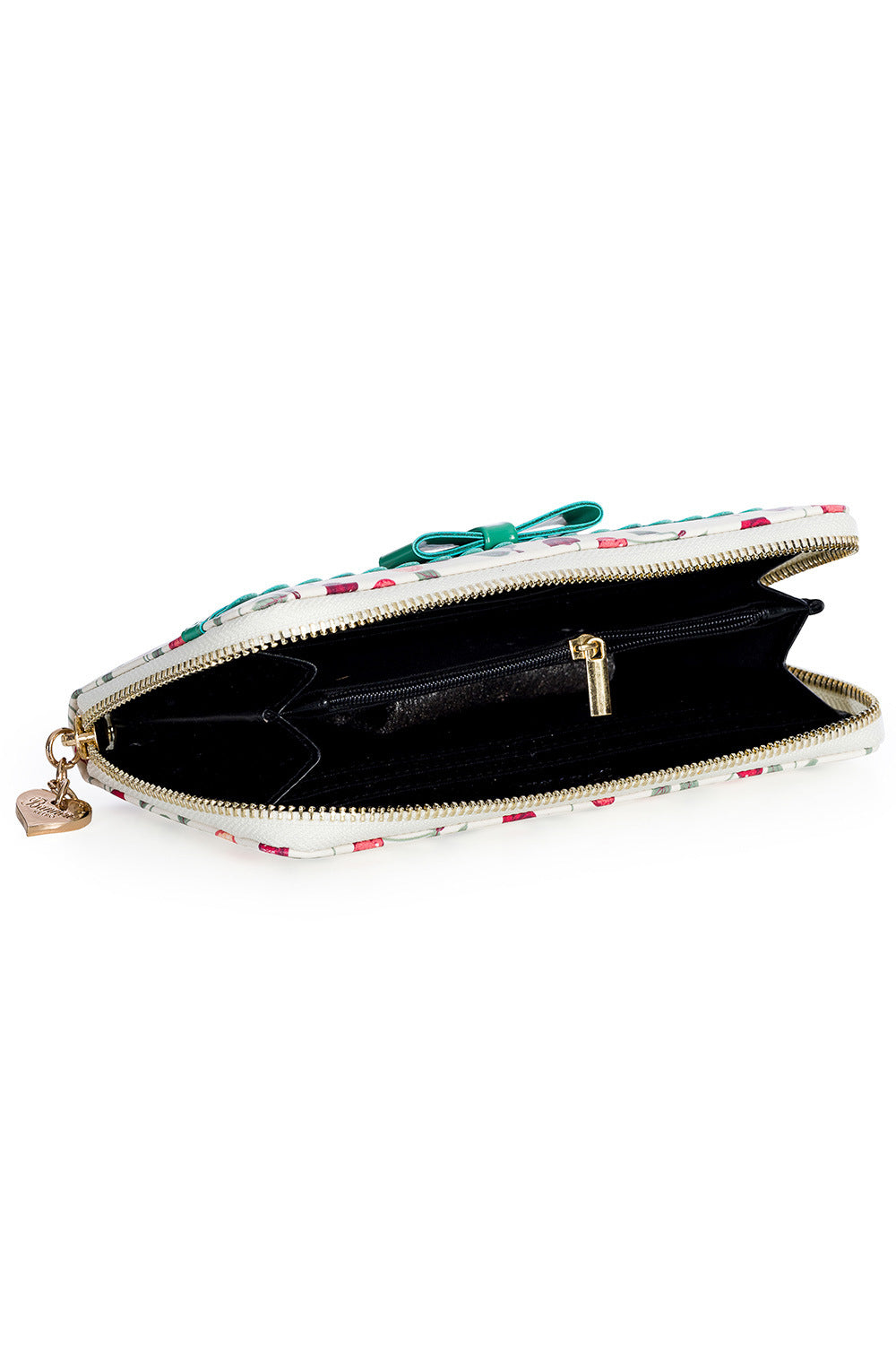 The Country Cherry purse laid flat with the zip undone showing the zip compartment inside and card holding compartments