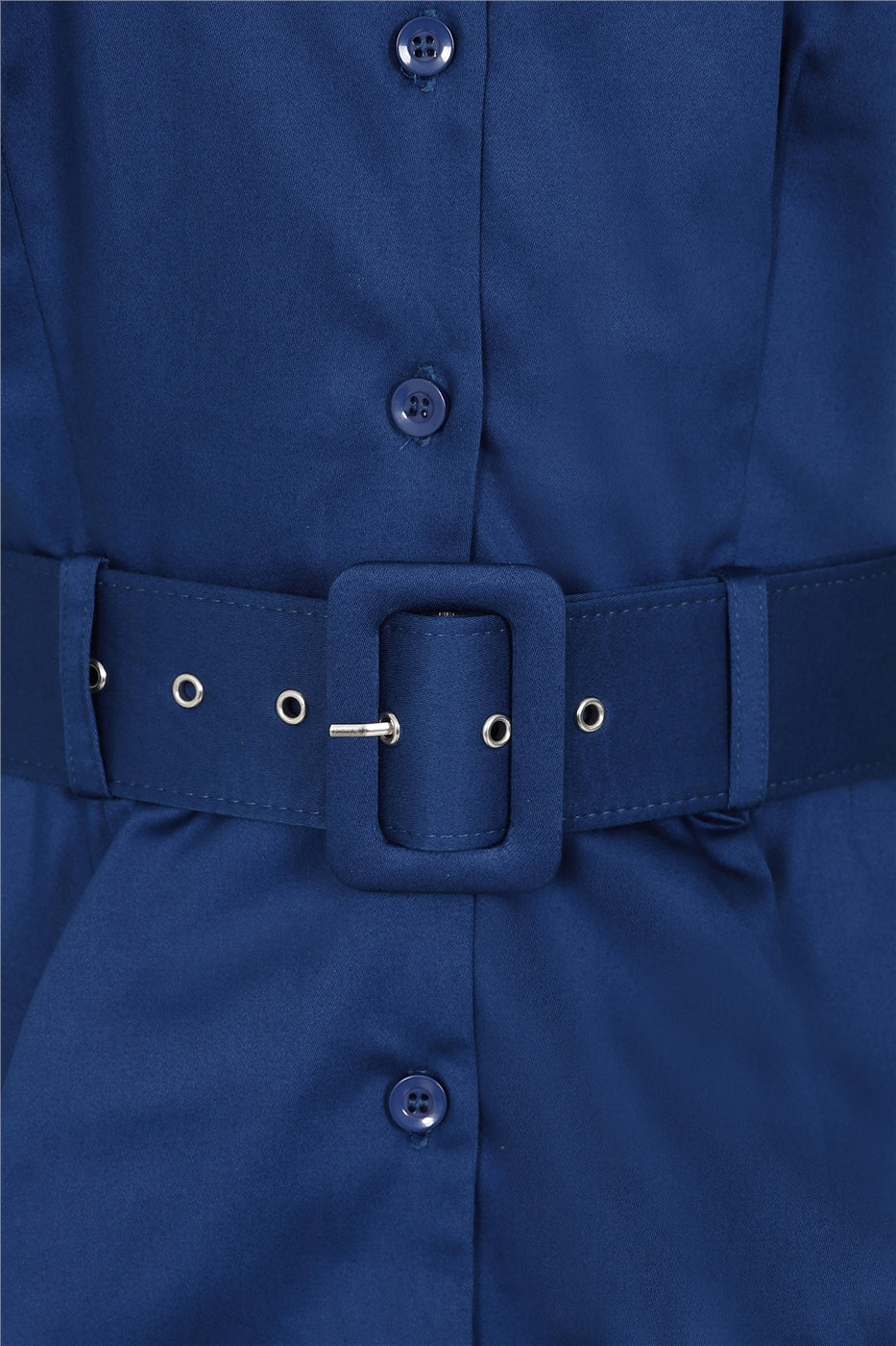 Close up of the wide blue matching belt on the Shana dress