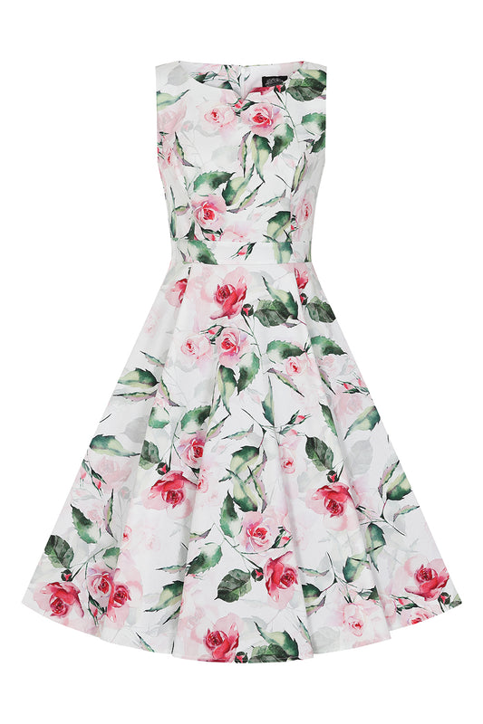 Beautiful white swing dress with pink rose print and green leaves all over. 