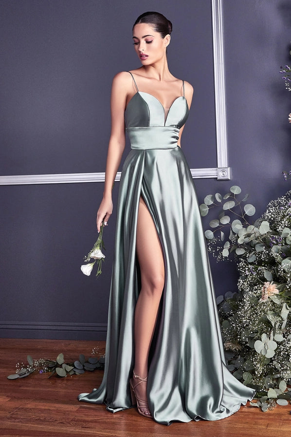 Elegant woman wearing a beautiful satin bridesmaids floor length dress 