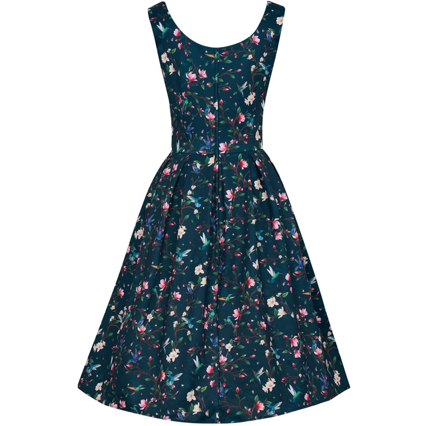 Back view of the Amanda Swing Dress in Navy Blue Hummingbird Print by Dolly & Dotty, featuring a detailed floral and hummingbird pattern on a deep navy background. The dress has a sleeveless design, a scoop back neckline, and a fitted bodice that flows into a full swing skirt, capturing a classic vintage-inspired silhouette.