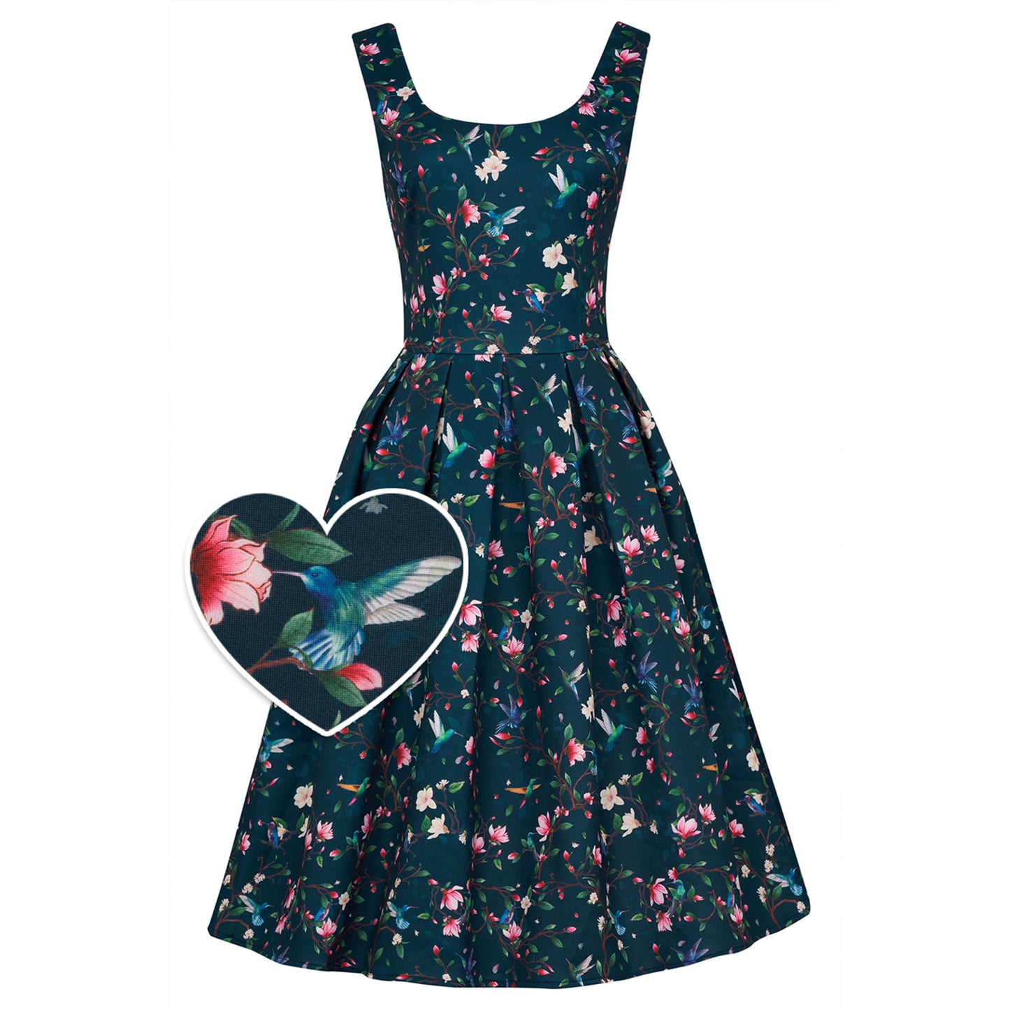 Amanda Swing Dress in Navy Blue Hummingbird Print by Dolly & Dotty, featuring a detailed floral and hummingbird pattern on a deep navy background. The dress has a sleeveless design with a square neckline, fitted bodice, and a full swing skirt, capturing a vintage-inspired look. A close-up inset highlights a vibrant hummingbird perched near a pink flower, showcasing the intricate print details