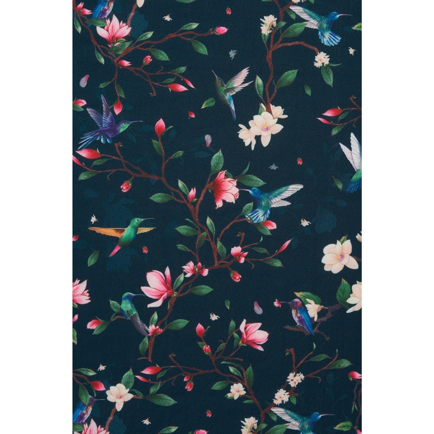 Close-up of the fabric pattern on the Amanda Swing Dress in Navy Blue Hummingbird Print by Dolly & Dotty, featuring a detailed design of vibrant hummingbirds, pink and white flowers, and green foliage on a deep navy background. The intricate print highlights a nature-inspired, vintage aesthetic.