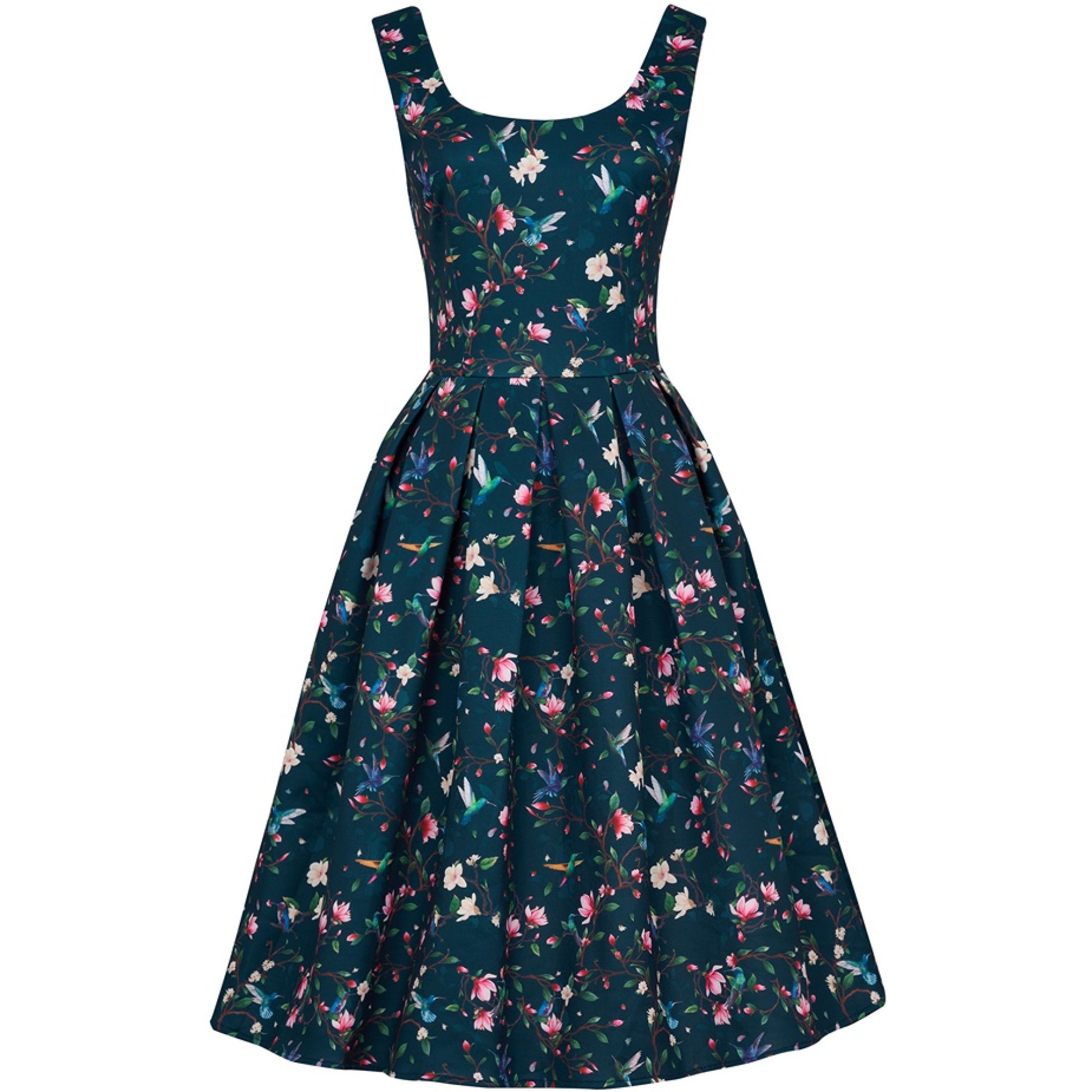 Amanda Swing Dress in Navy Blue Hummingbird Print by Dolly & Dotty, featuring a vibrant floral and hummingbird pattern on a deep navy background. The dress has a sleeveless design with a square neckline, fitted bodice, and a full, vintage-inspired swing skirt, creating a classic and elegant silhouette.