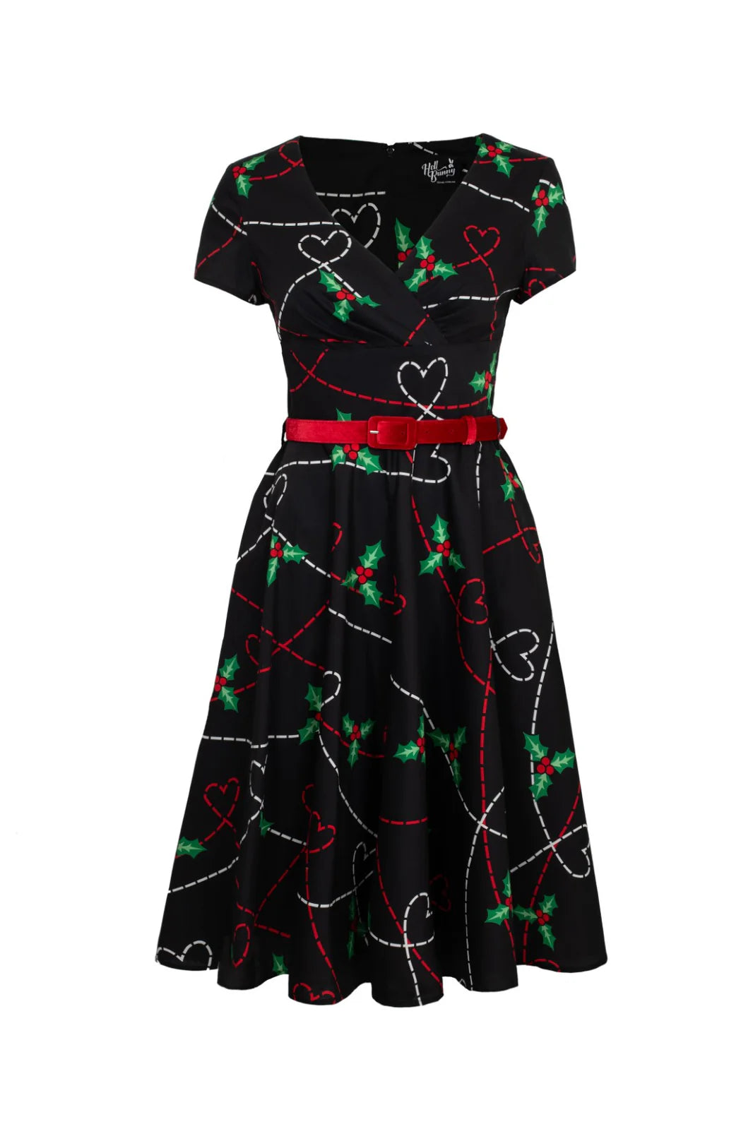 Black short sleeved dress with a wrap front and festive holly and heart print. The dress is finished with a red belt, which is included.