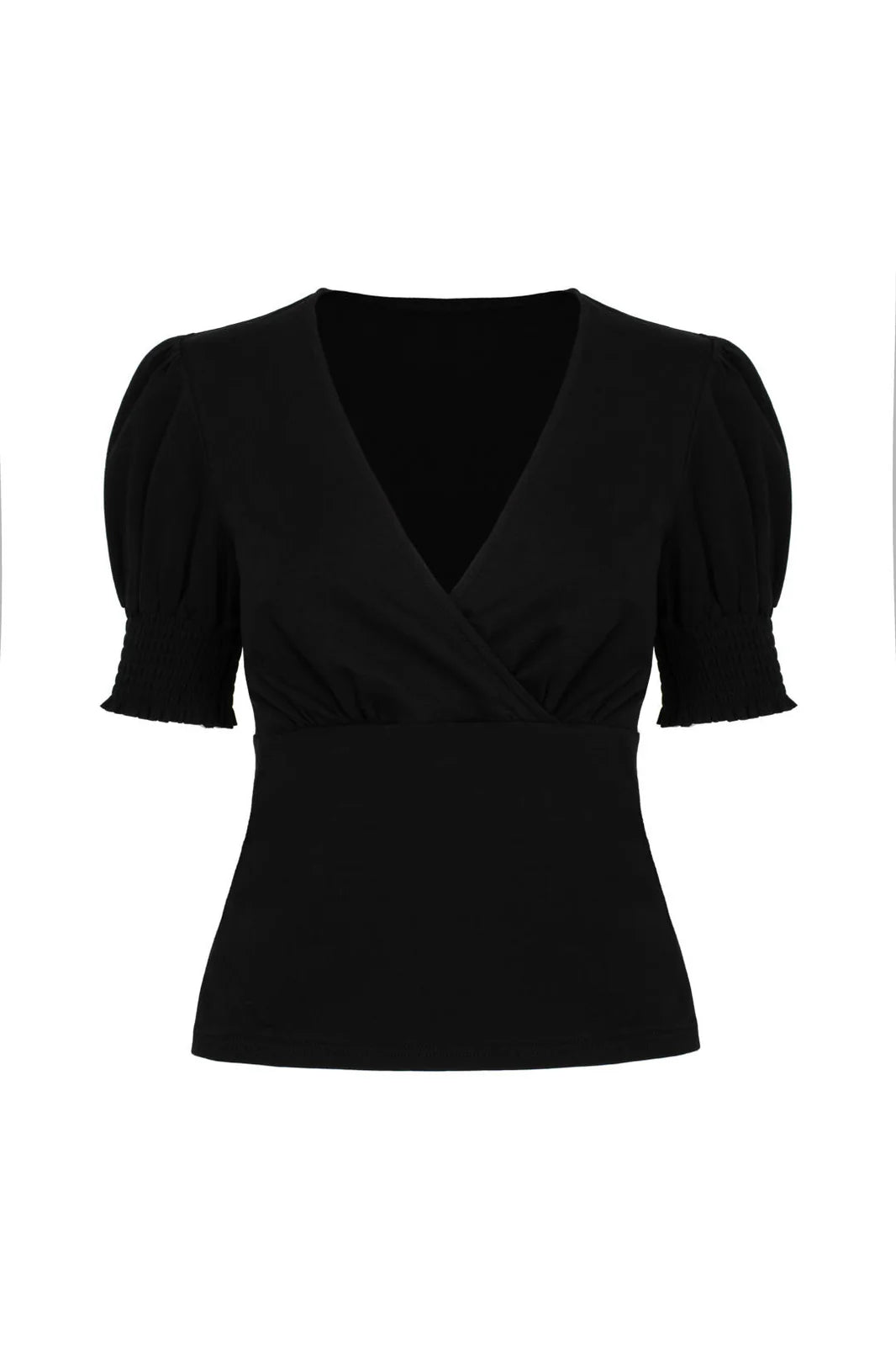 Black top with puff sleeves on a white background