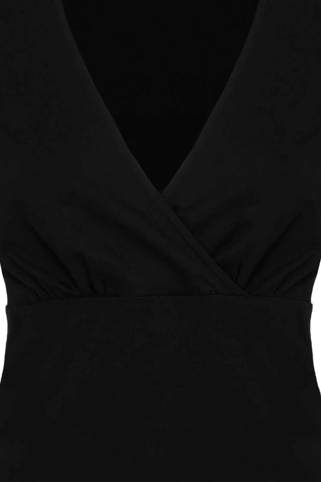 Close-up of a black top with a V-neck and wrap-front design.