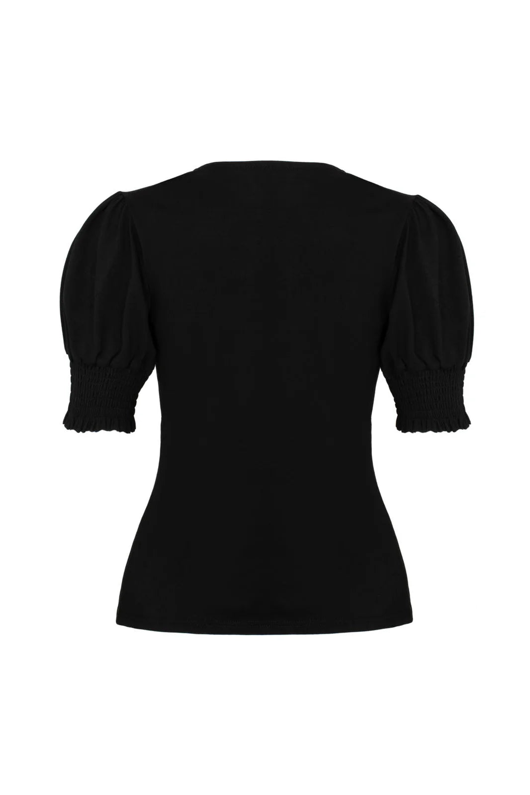 Black top with puff sleeves on a white background