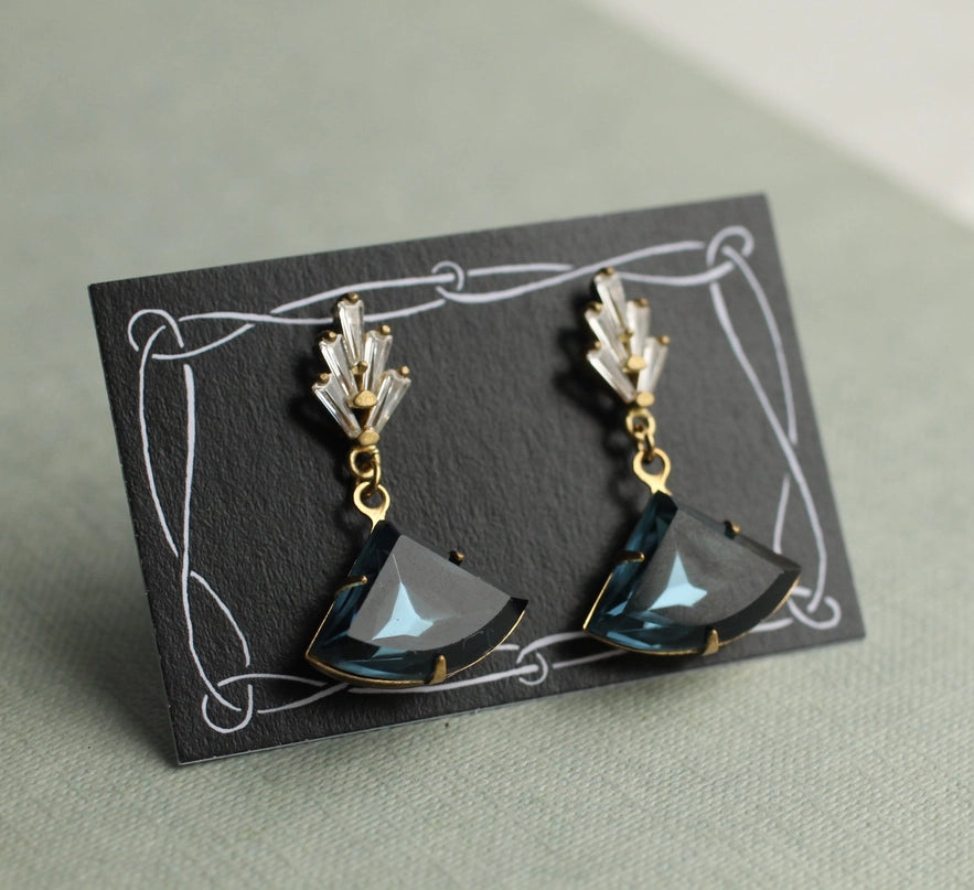 Vintage Blue Glass Art Deco Chrysler Earrings