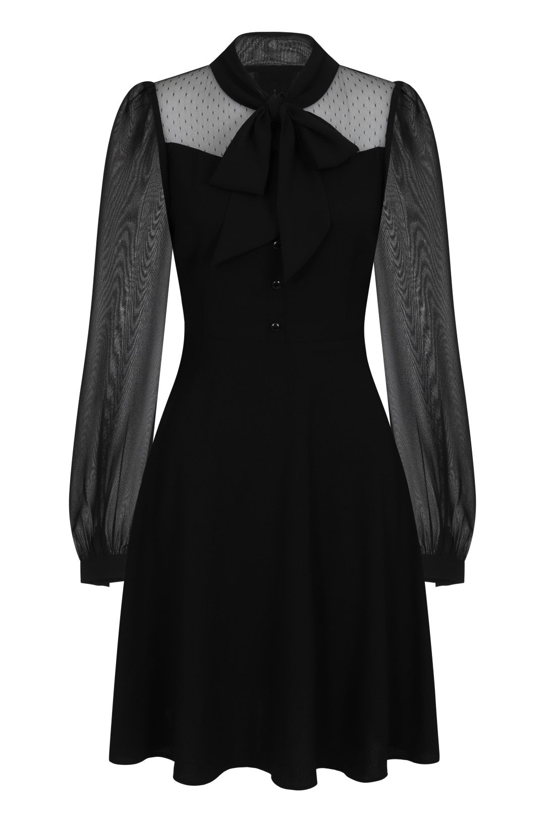 Black mid-length dress with chiffon sleeves and a pussy bow necktie, featuring mesh detail bodice and a flared skirt.