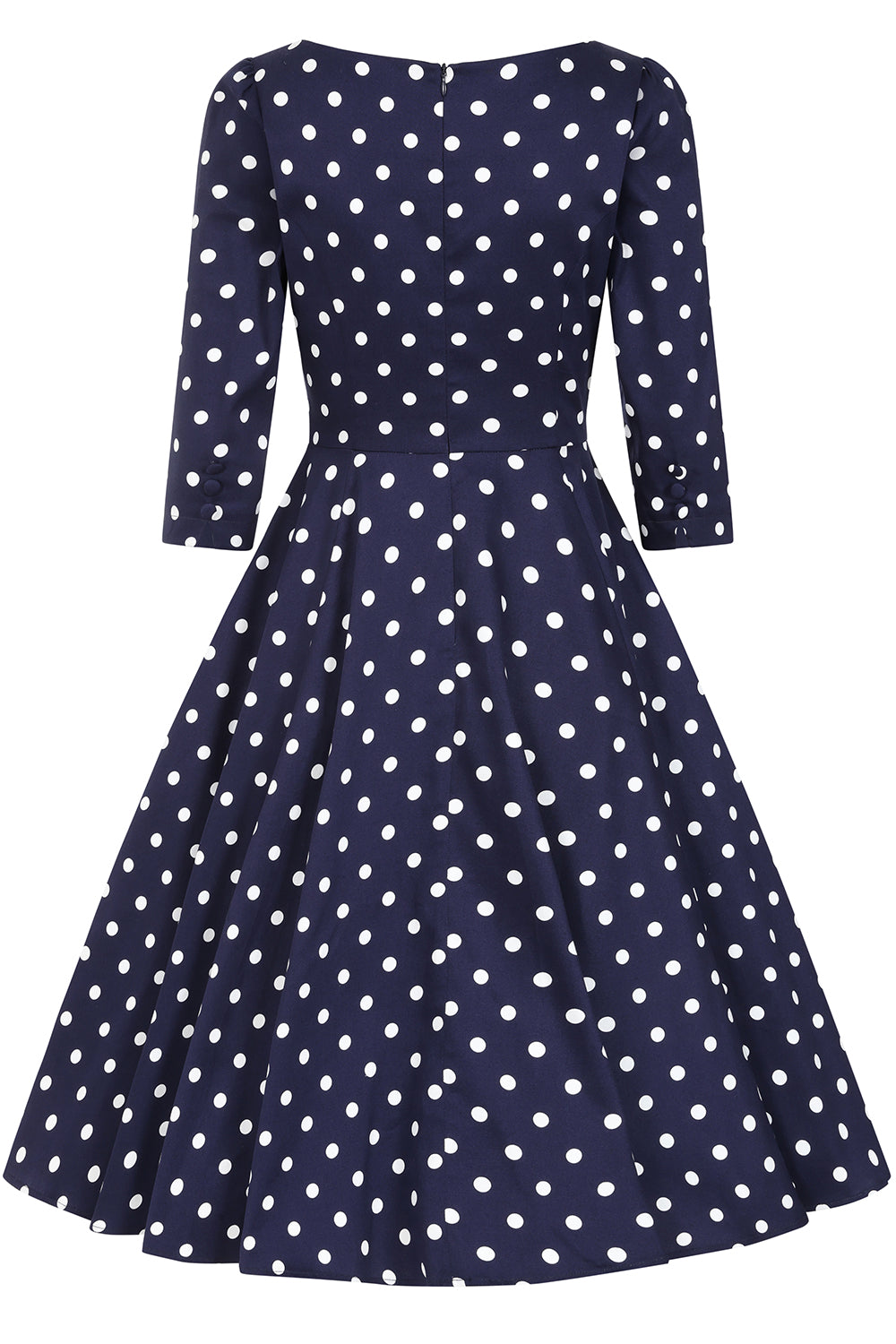 Navy blue dress with white polka dots on a white background