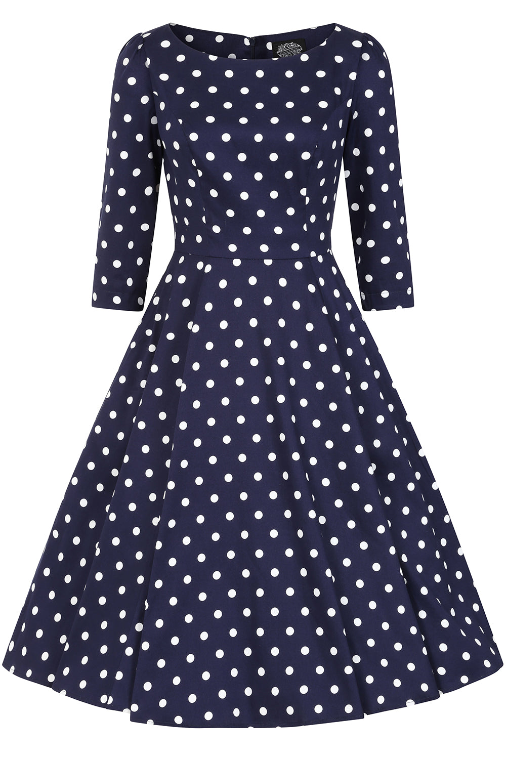Navy blue dress with white polka dots on a white background