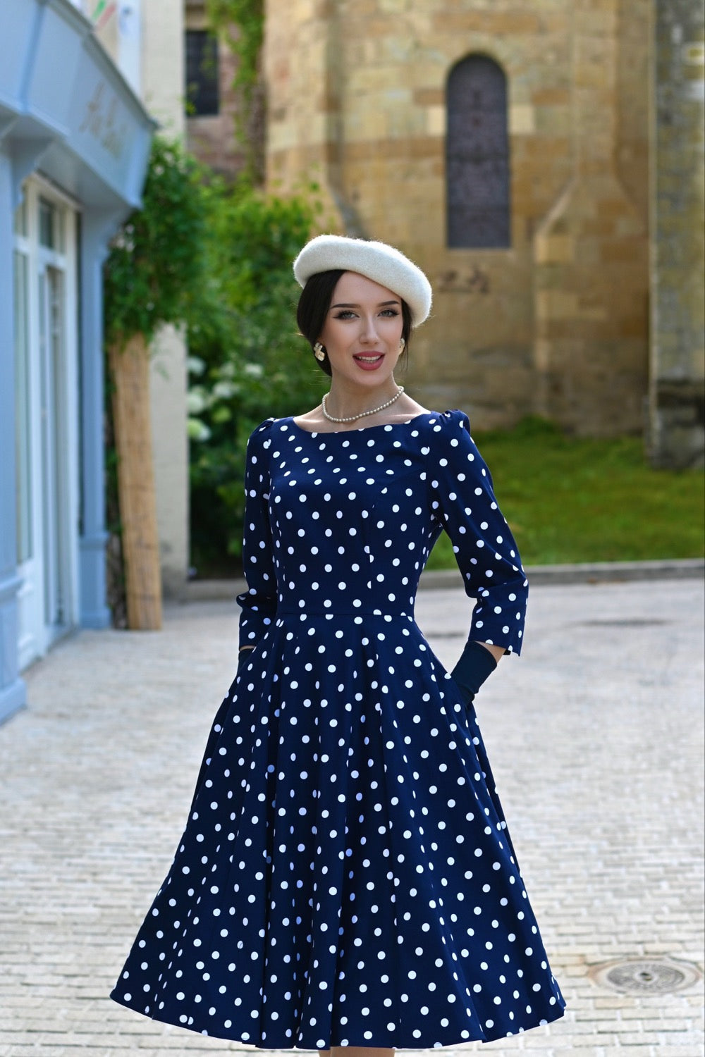 blue polka dot dress vintage Blue & White 1940s Polka Dot Lapel Dress