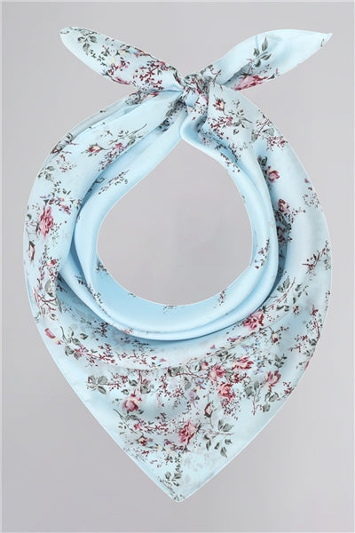 Light blue silk scarf with small light pink blossoms 