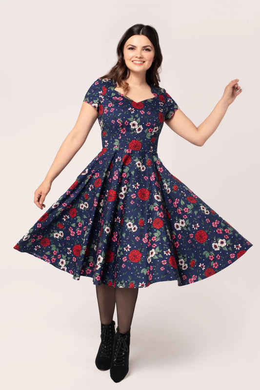 Camellia Blue Floral 50s Dress by Hell Bunny