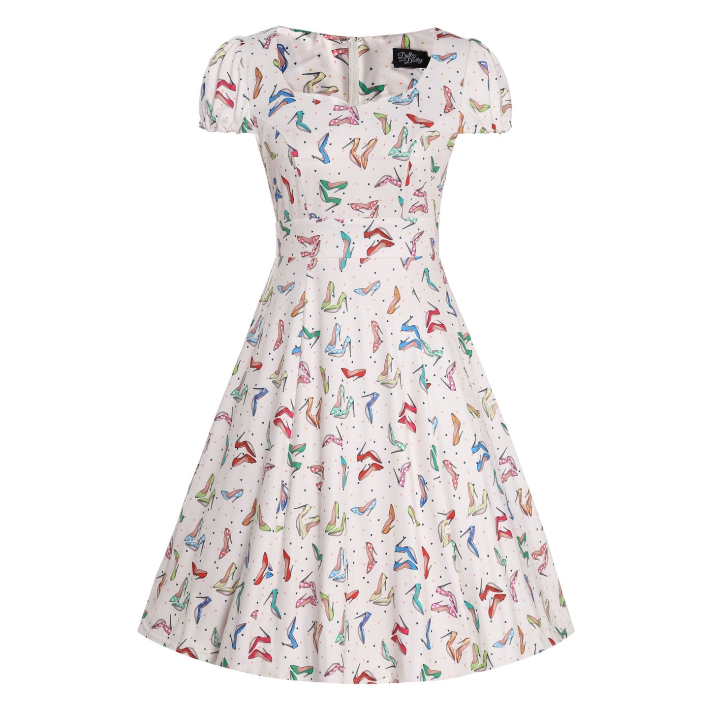 Claudia Cream Stiletto Print Swing Dress by Dolly & Dotty, featuring a fun, colorful stiletto shoe print on a cream background. This vintage-inspired dress has a square neckline, short puff sleeves, and a fitted bodice that flares into a full swing skirt, adding a playful and retro style.