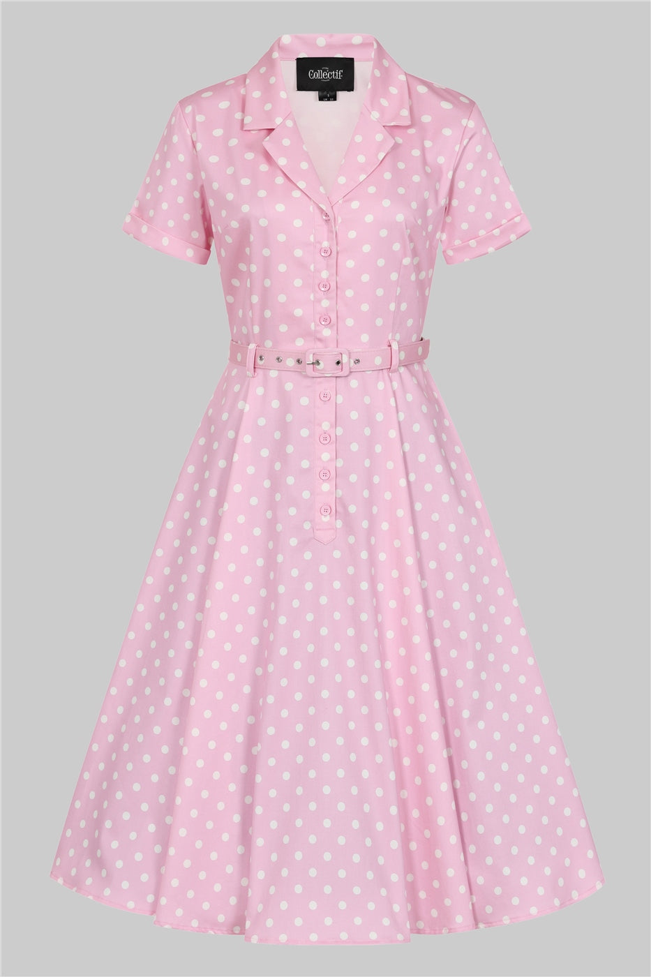 1950s "Caterina" shirt dress by Collectif in a brand new pink and white polka dot print with a matching belt.