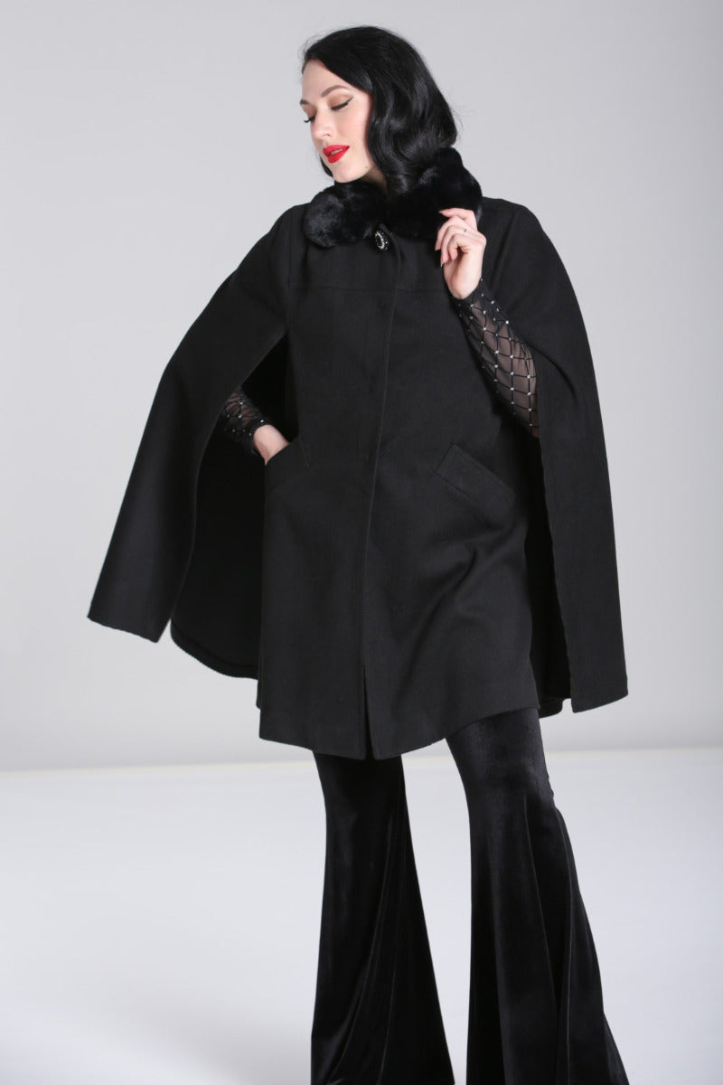 Devon Black Coat with Cape by Hell Bunny