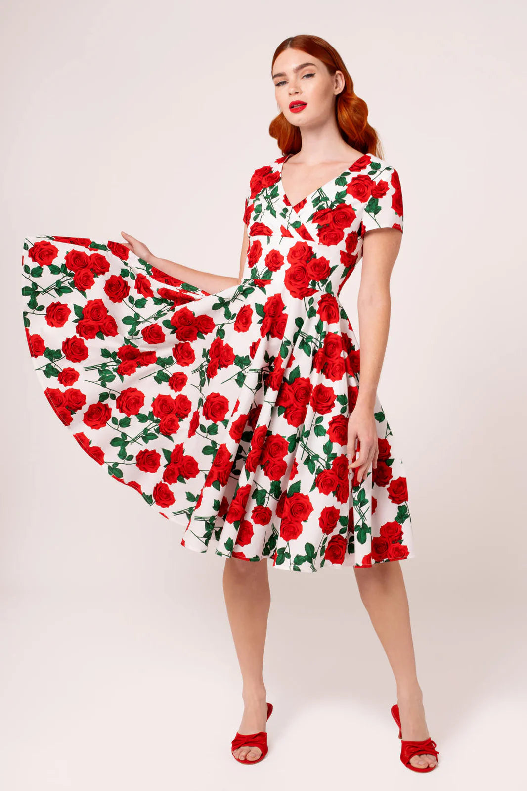 Dolce Vita Rose Print 1950s Cotton Dress with Pockets by Hell Bunny - Lemonie Boutique