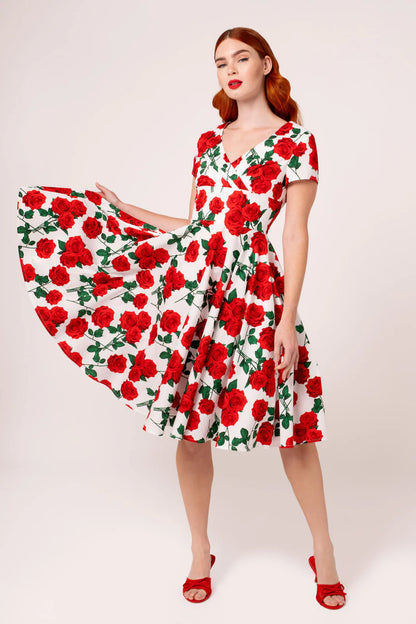 Dolce Vita Rose Print 1950s Cotton Dress with Pockets by Hell Bunny - Lemonie Boutique