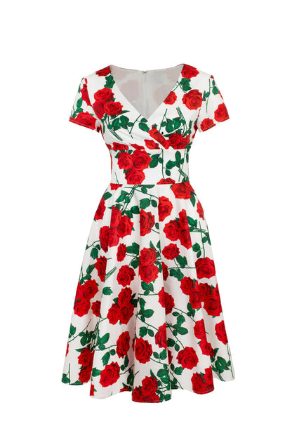 Dolce Vita Rose Print 1950s Cotton Dress with Pockets by Hell Bunny - Lemonie Boutique