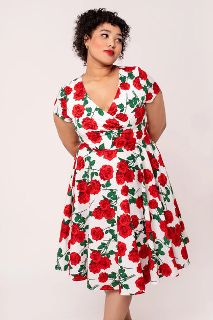 Dolce Vita Rose Print 1950s Cotton Dress with Pockets by Hell Bunny - Lemonie Boutique